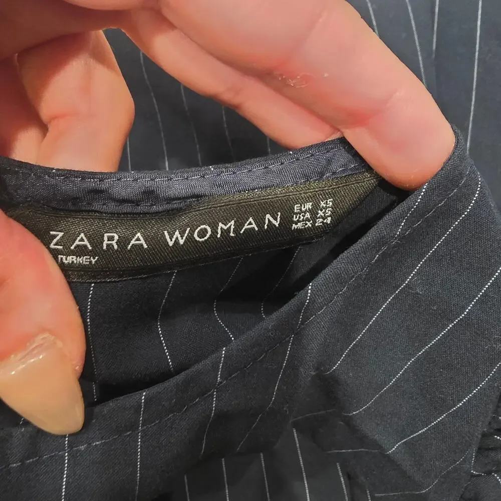 Zara Woman blue pinstripe ruched puff sleeve blouse sz XS